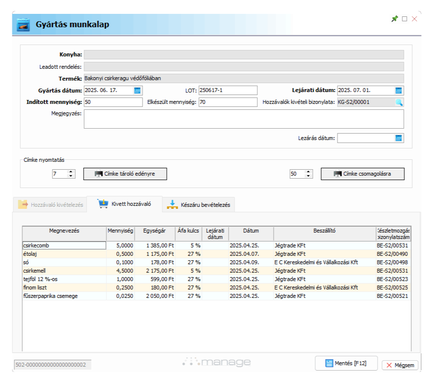 Alapanyag kivételezés