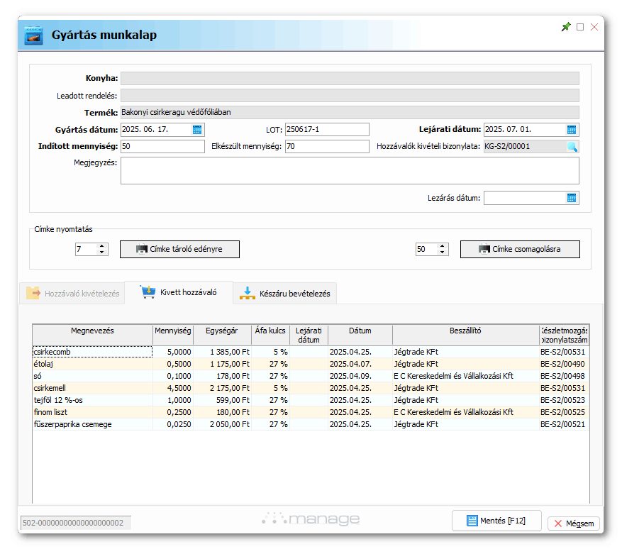 Alapanyag kivételezés