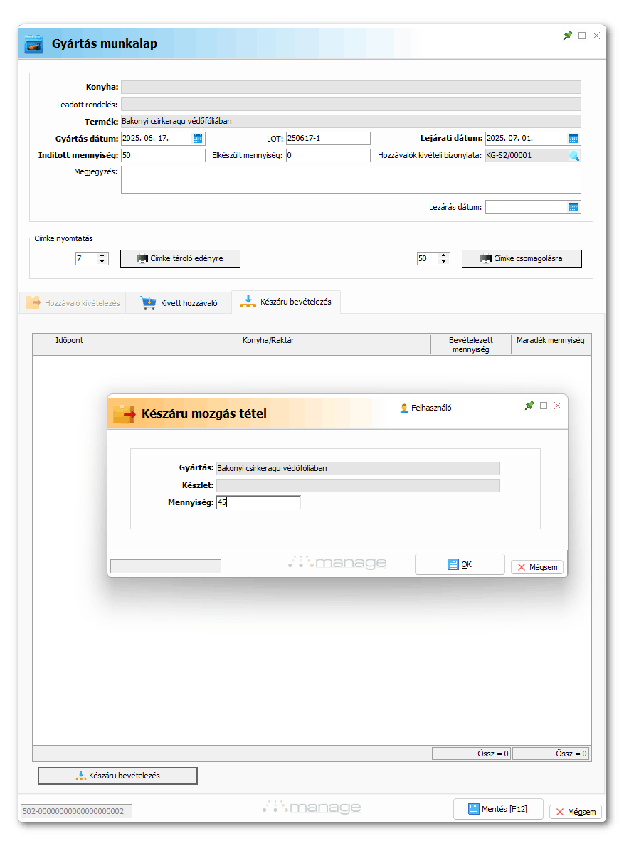 Bevételezés gyártásból
