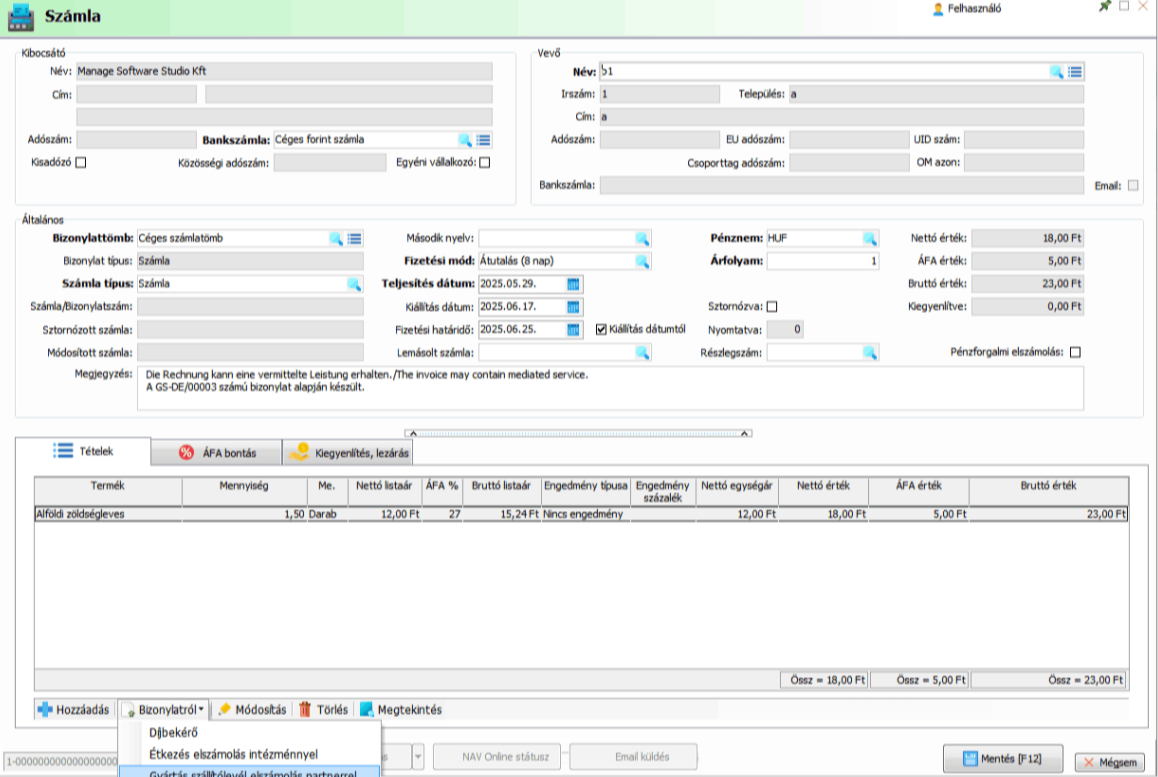 Szállítólevélről kiállított számla